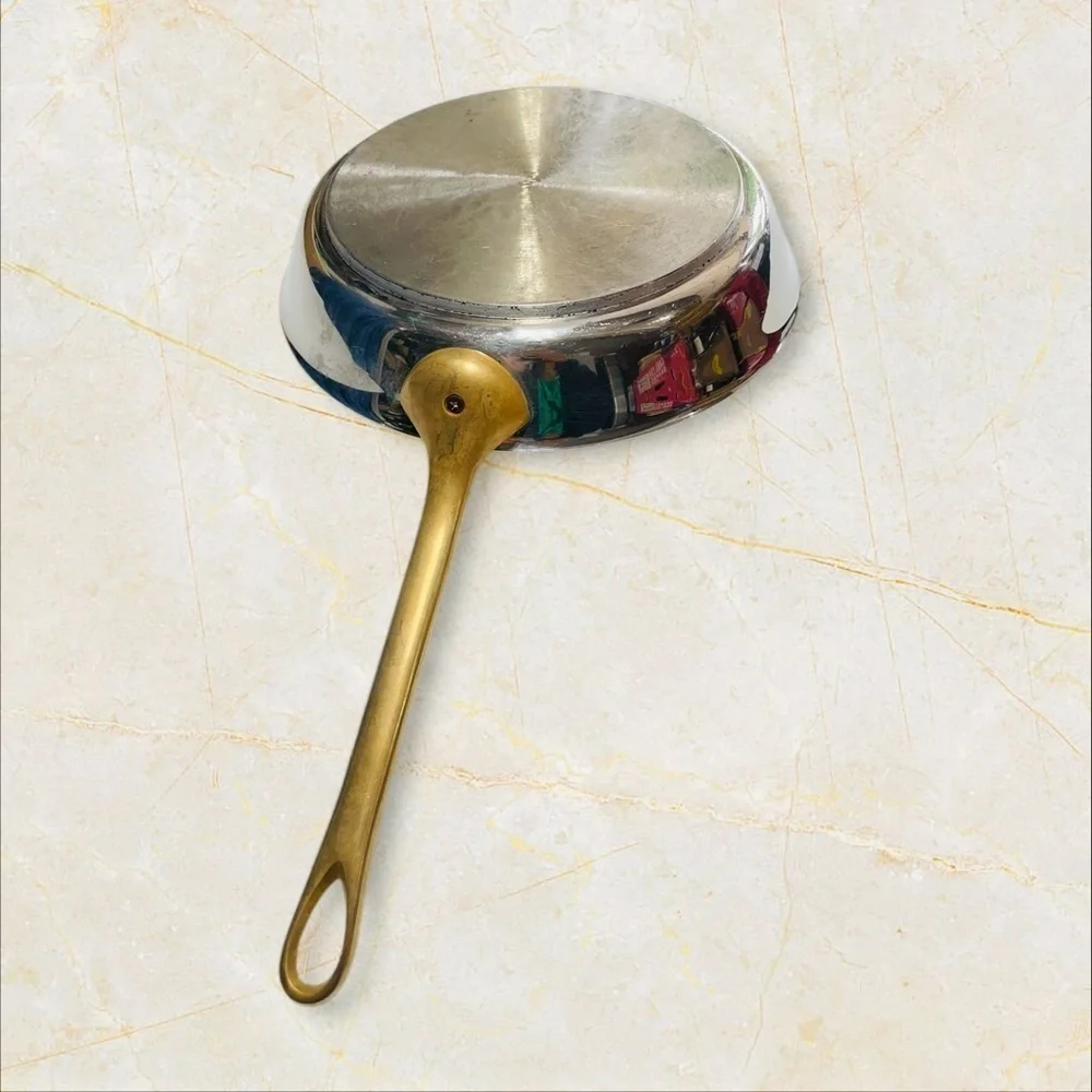 VTG Frying Pan 11” Stainless Steel Brass Handle Heavy - Great!